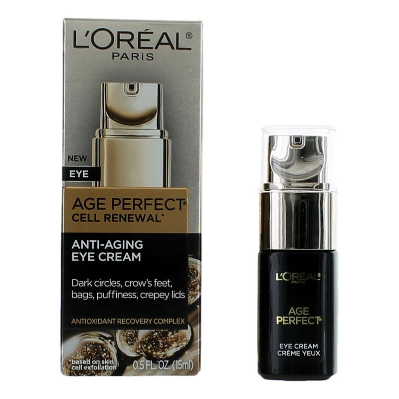 L'Oreal Age Perfect Cell Renewal anti-aging eye cream in a 0.5oz jar, designed to reduce wrinkles and refresh the eye area.