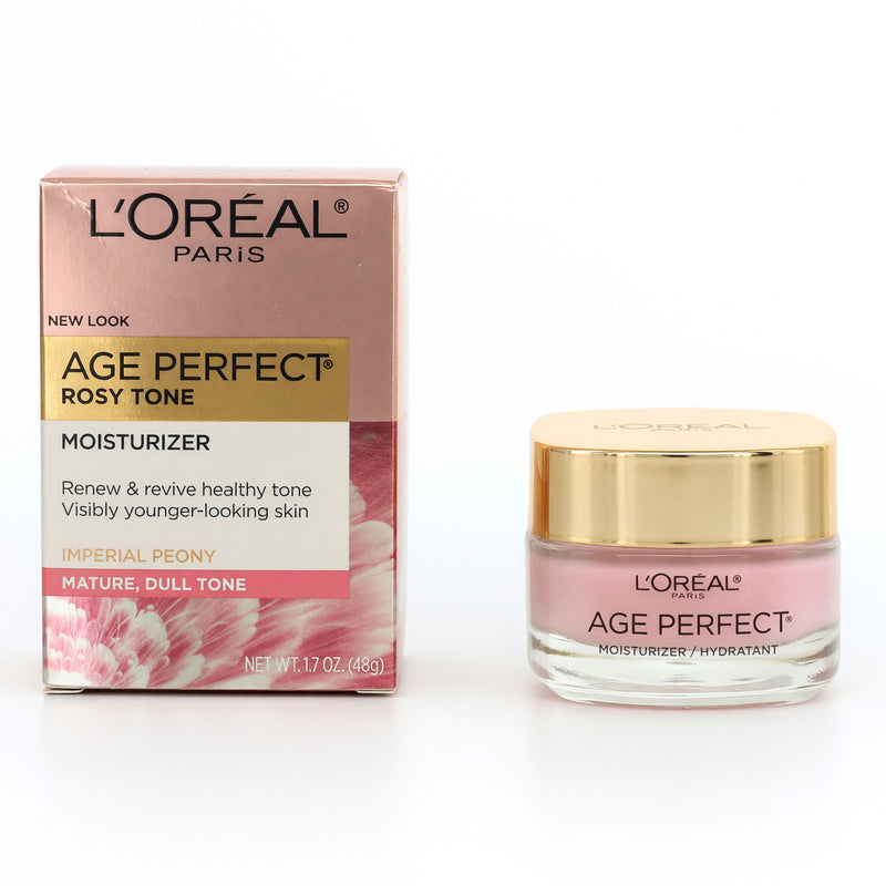 L'Oreal Age Perfect Rosy Tone moisturizer in 1.7 oz jar, physical skincare product with a pink-tinted cream visible in the image.