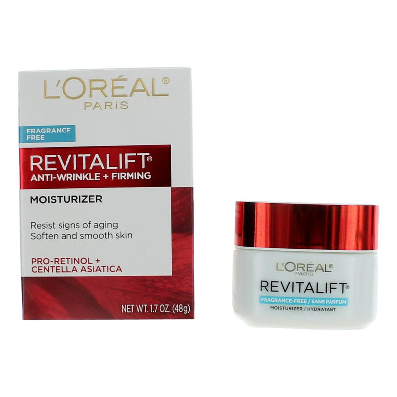 L'Oreal Revitalift anti-wrinkle and firming moisturizer in 1.7oz fragrance-free physical cream jar with blue and white packaging