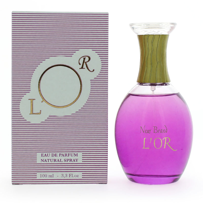 L'or by New Brand 3.3 oz women's EDP spray with elegant bottle and floral design.
