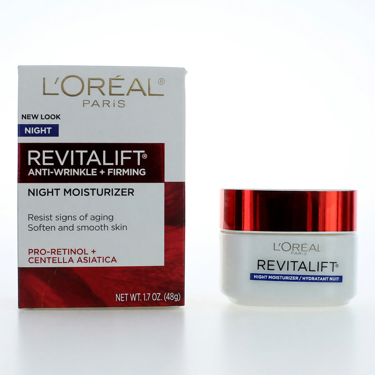 L'Oreal Revitalift Anti-Wrinkle + Firming Night Moisturizer in 1.7oz jar, cream texture, with product label visible