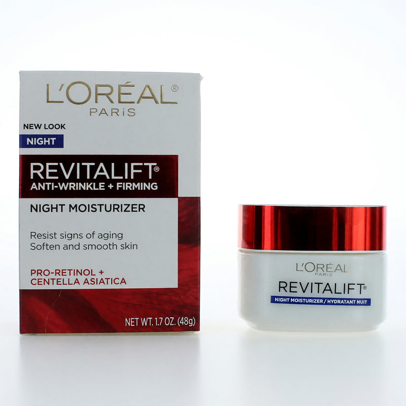 L'Oreal Revitalift Anti-Wrinkle + Firming Night Moisturizer in 1.7oz jar, cream texture, with product label visible