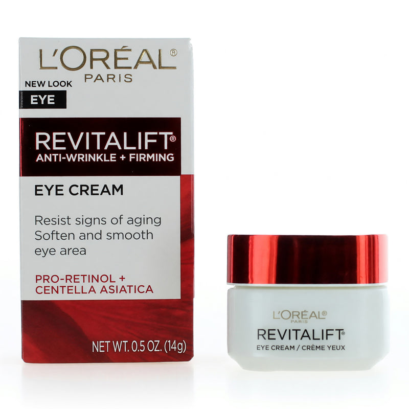 L'Oreal Revitalift Anti-Wrinkle + Firming Eye Cream in 0.5 oz jar, showcasing the creamy texture and packaging.