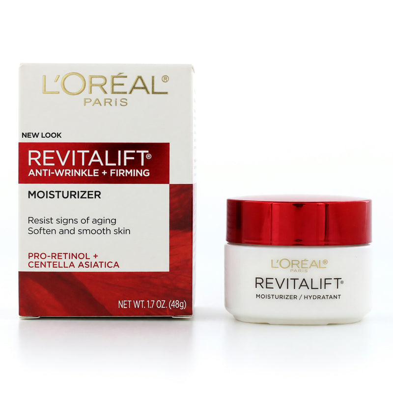 L'Oreal Revitalift Anti-Wrinkle and Firming Day Moisturizer in 1.7oz jar, creamy physical moisturizer for mature skin.