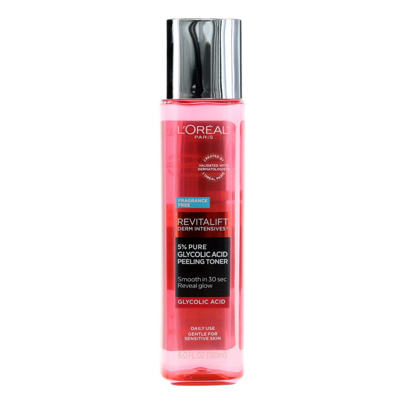 L'Oreal Revitalift Derm Intensives 6oz glycolic acid peeling toner bottle on a white background.