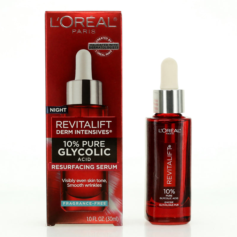 L'Oreal Revitalift Derm Intensives Glycolic Acid Serum in 1oz bottle, showing the clear liquid inside the physical serum bottle.
