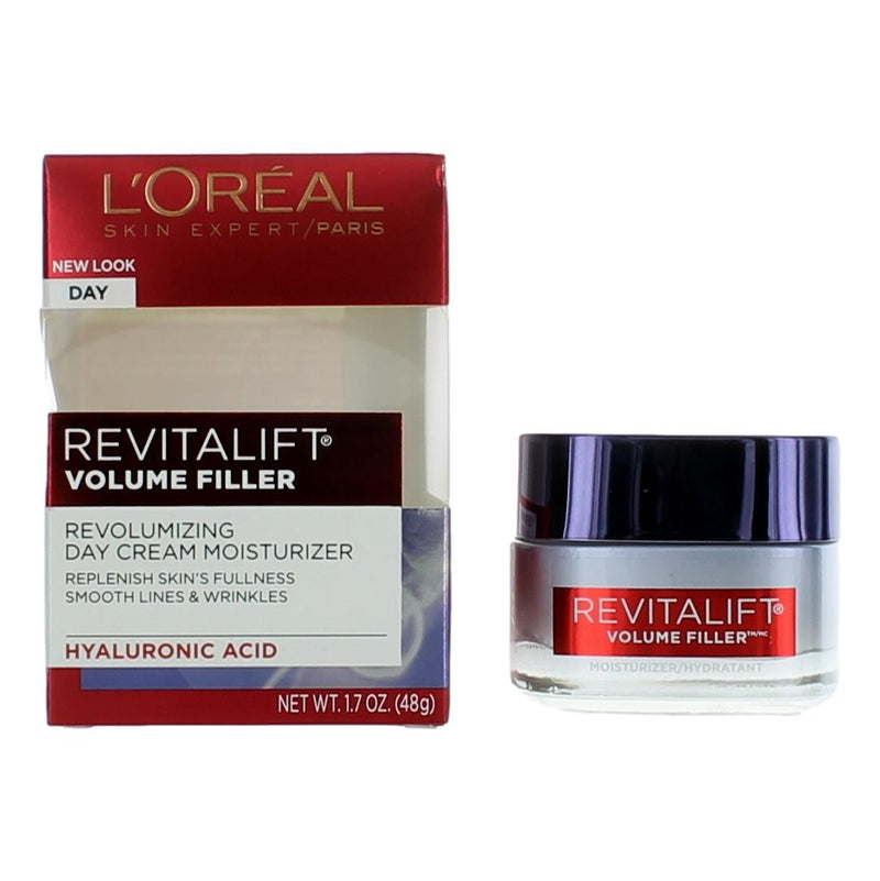 L'Oreal Revitalift Volume Filler day cream moisturizer in 1.7oz jar, physical skincare product with smooth creamy texture.