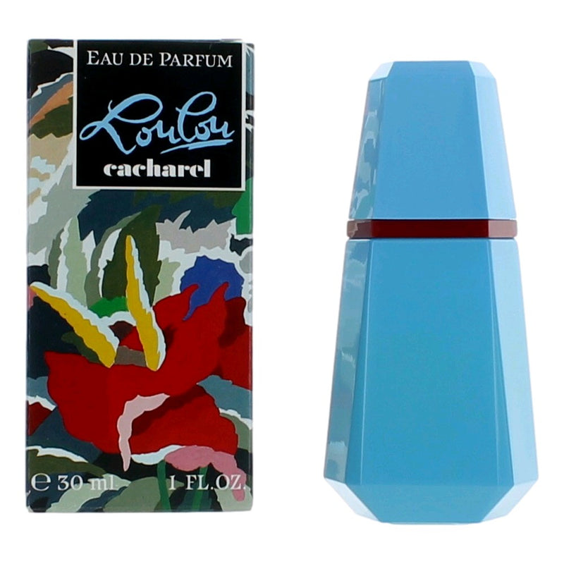 Cacharel Lou Lou 1 oz women's Eau de Parfum spray, elegant bottle with floral design and gold accents.