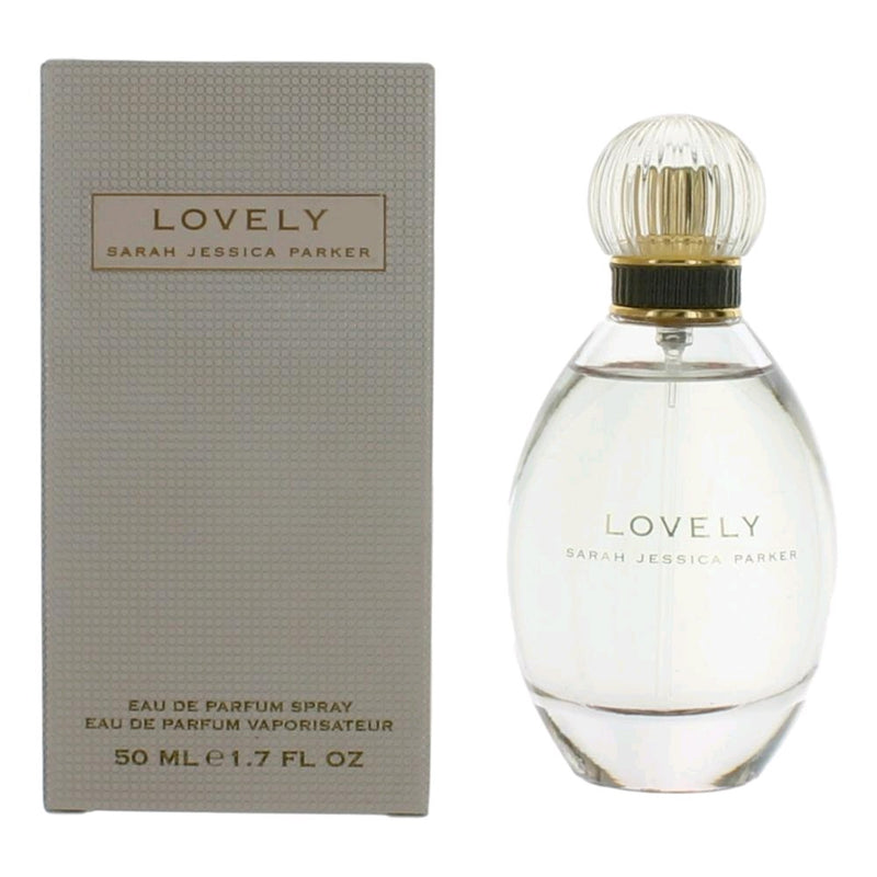 Elegant 1.7 oz Lovely by Sarah Jessica Parker women's Eau de Parfum spray bottle with floral packaging.