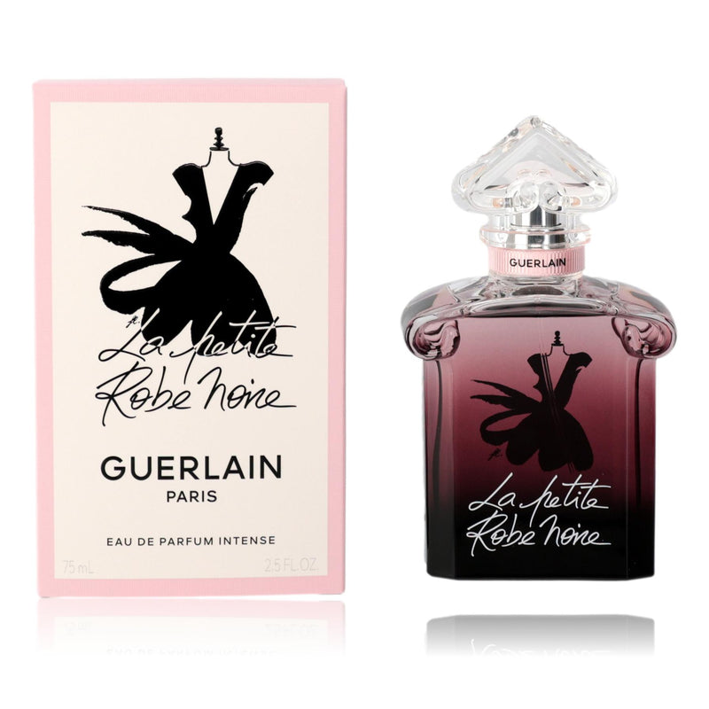 Guerlain La Petite Robe Noire 2.5 oz EDP Intense spray bottle for women, elegant black perfume packaging with floral design
