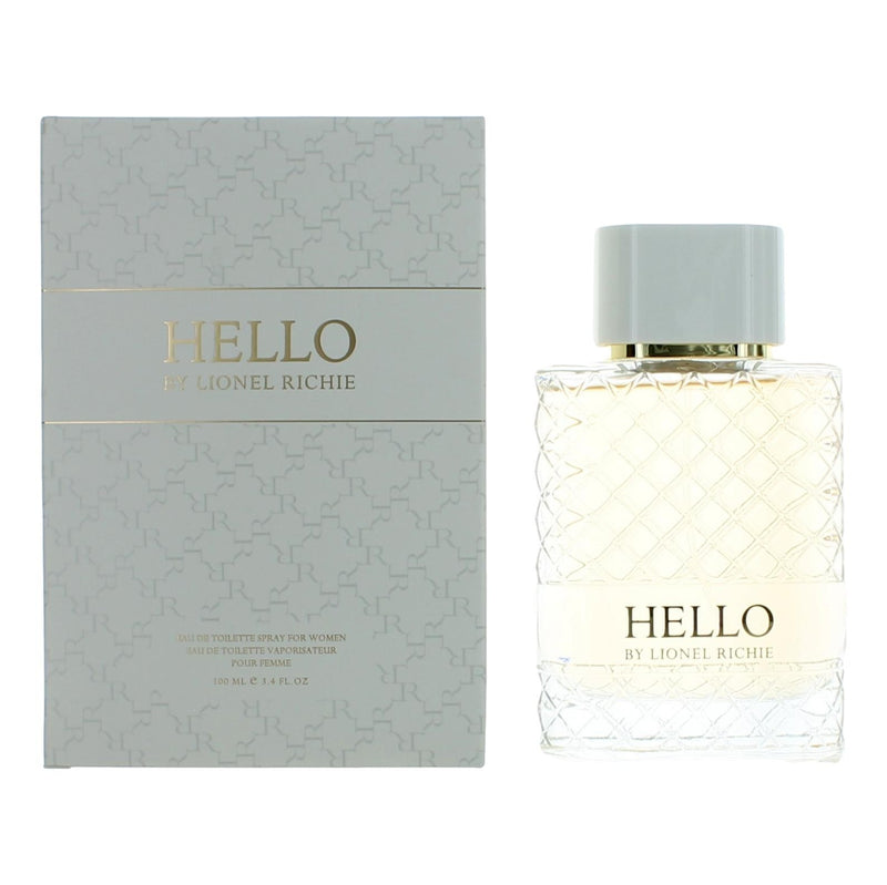 Lionel Richie Hello 3.4 oz women's EDT spray bottle with clear glass and silver cap, ready for use.