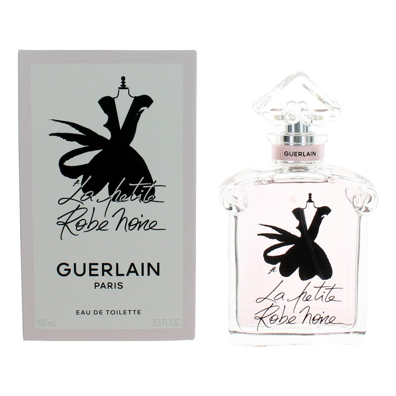 Guerlain La Petite Robe Noire 3.4 oz EDT spray for women, elegant perfume bottle with floral design and black cap.
