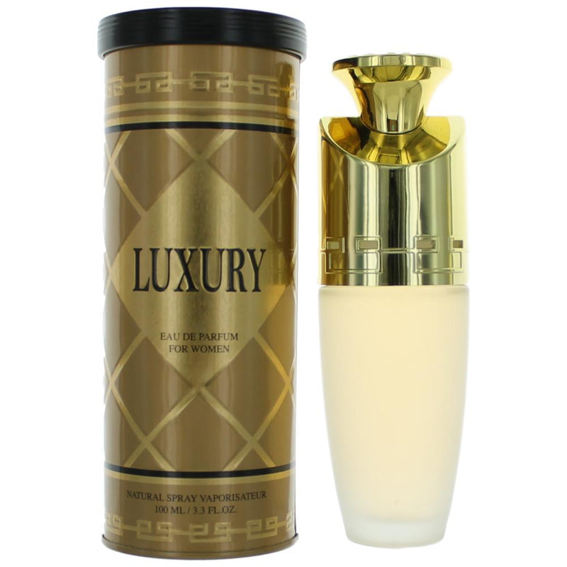 Luxury by New Brand 3.4 oz women’s EDP spray bottle, elegant design, visible spray nozzle and packaging details.