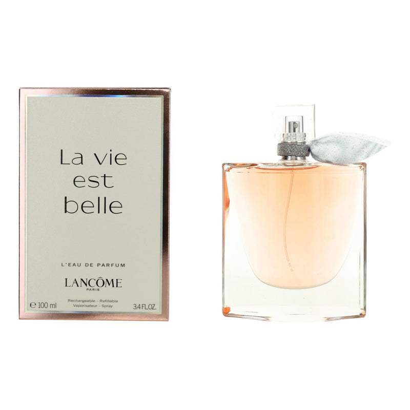 Lancome La Vie Est Belle 3.4 oz Eau de Parfum spray for women, featuring the elegant perfume bottle and floral design.