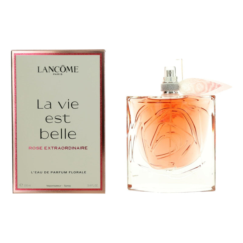 Lancome La Vie Est Belle Rose Extraordinaire 3.4oz floral EDP spray for women, elegant bottle with pink and gold accents.