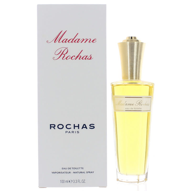 Madame Rochas Eau de Toilette spray for women, 3.3 oz bottle, featuring elegant packaging and branding by Rochas.