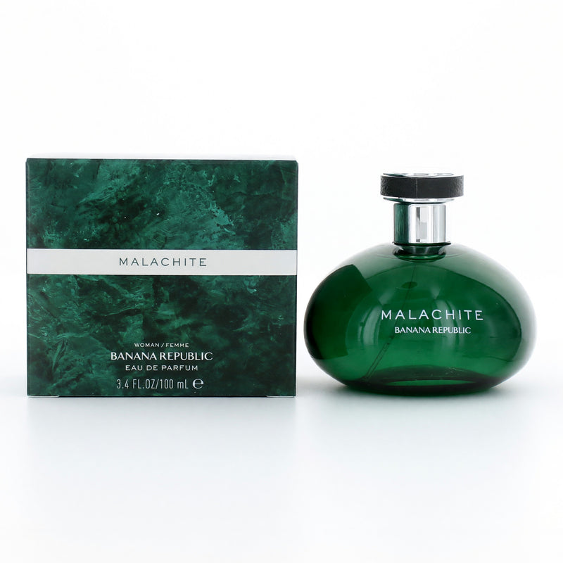 Banana Republic Malachite 3.4 oz women’s EDP spray bottle with green and gold packaging.