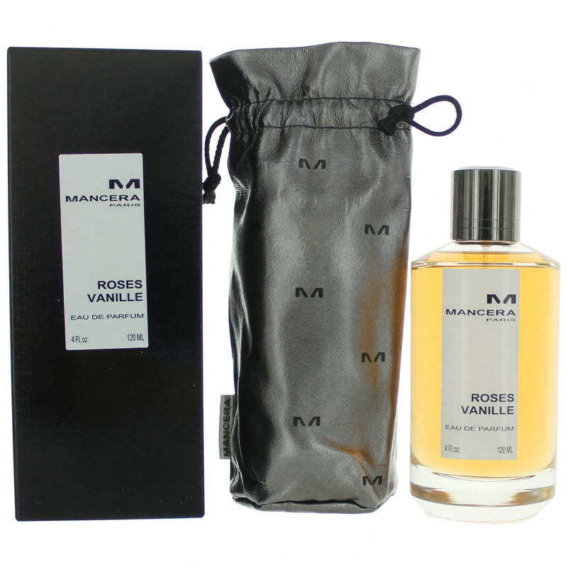 Mancera Roses Vanille 4 oz EDP spray for women, elegant floral and vanilla fragrance bottle on a white background.