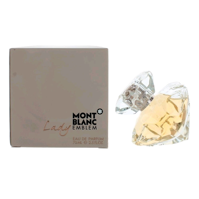 Lady Emblem by Mont Blanc 2.5 oz EDP spray for women, elegant perfume bottle with a sleek design and silver accents.