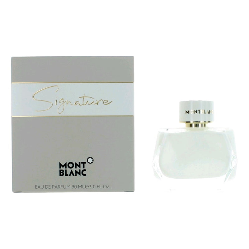 Mont Blanc Signature women's 3 oz EDP spray bottle, sleek design, with elegant packaging and cap.
