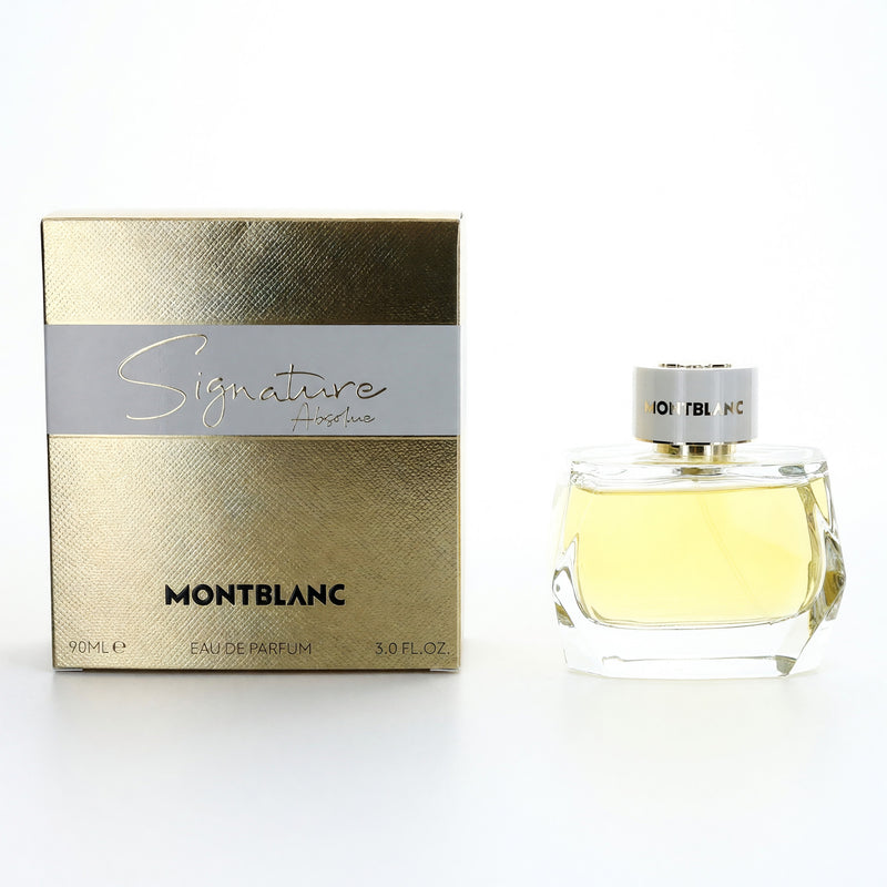 Mont Blanc Signature Absolue women’s 3 oz EDP spray bottle, elegant perfume with gold accents and floral design.