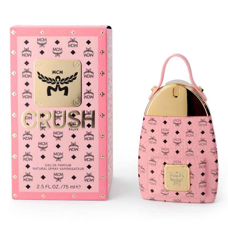 MCM Crush 2.5 oz women’s EDP spray bottle with sleek packaging and silver cap, designed for elegant, everyday wear.