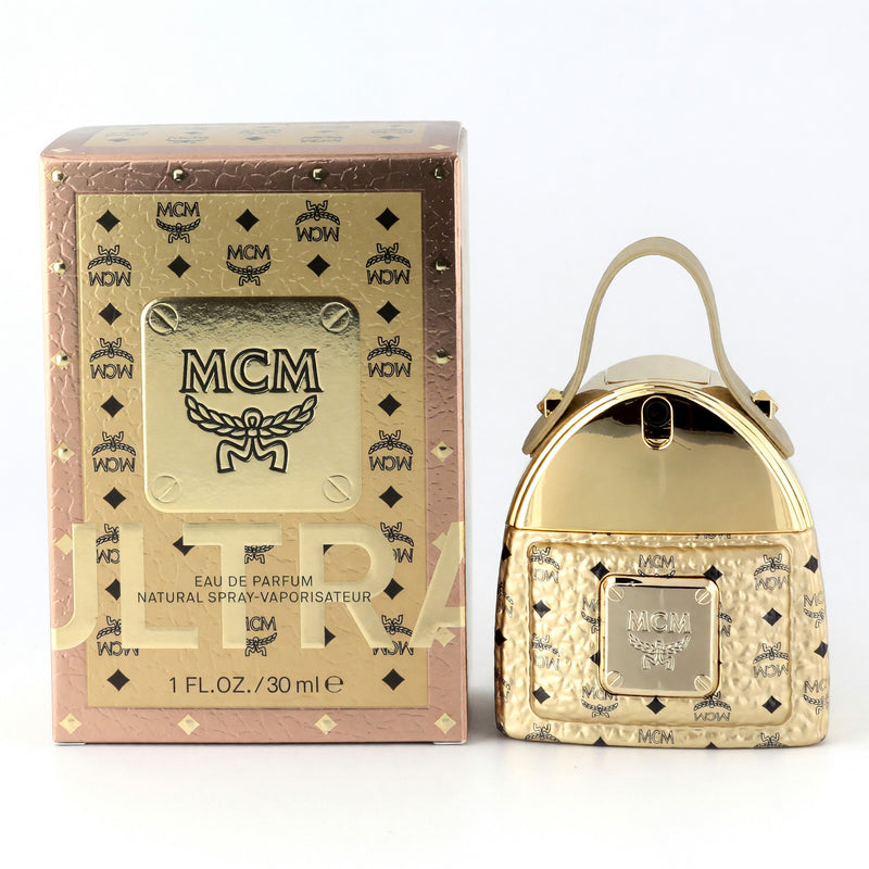MCM Ultra women's 1 oz EDP spray bottle with sleek design, showcasing the luxurious MCM branding and elegant packaging.