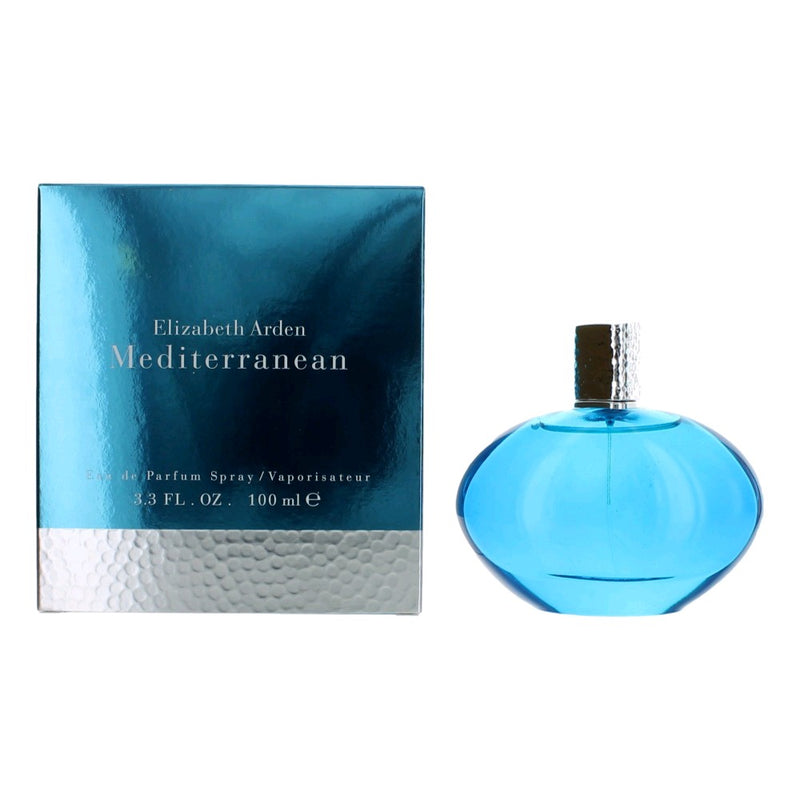 Elizabeth Arden Mediterranean 3.3 oz women's EDP spray bottle with elegant packaging and floral design.