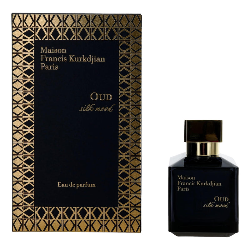 Maison Francis Kurkdjian Oud Silk Mood unisex 2.4 oz EDP spray bottle, elegant glass packaging with the perfume inside.