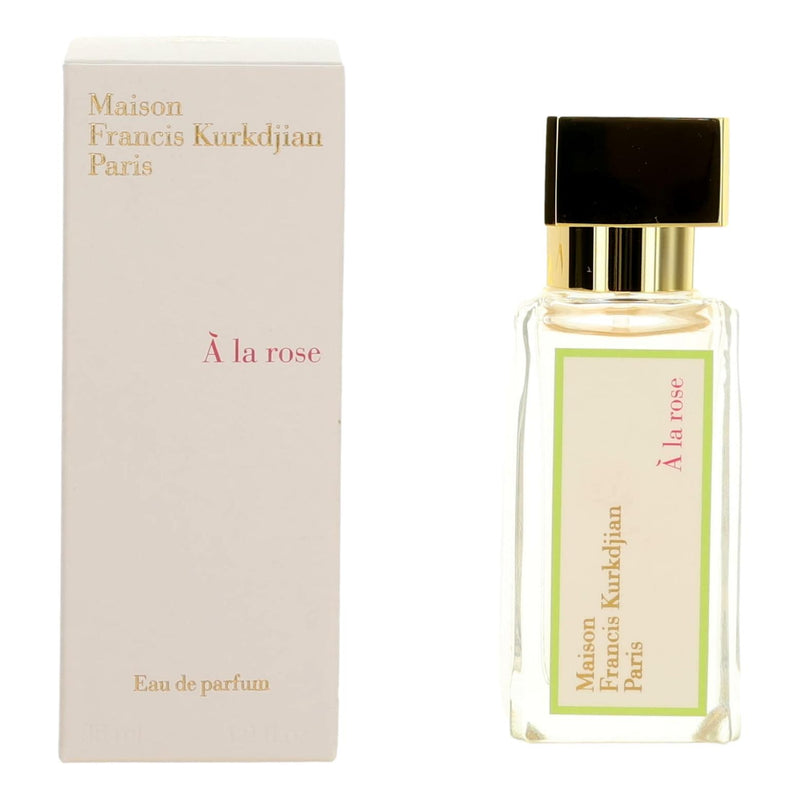 Maison Francis Kurkdjian A La Rose 1.2 oz women's EDP spray, elegant glass bottle with pink floral design.