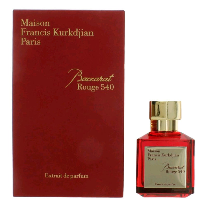 Maison Francis Kurkdjian Baccarat Rouge 540 2.4oz unisex extrait de parfum spray bottle with clear packaging and elegant design.