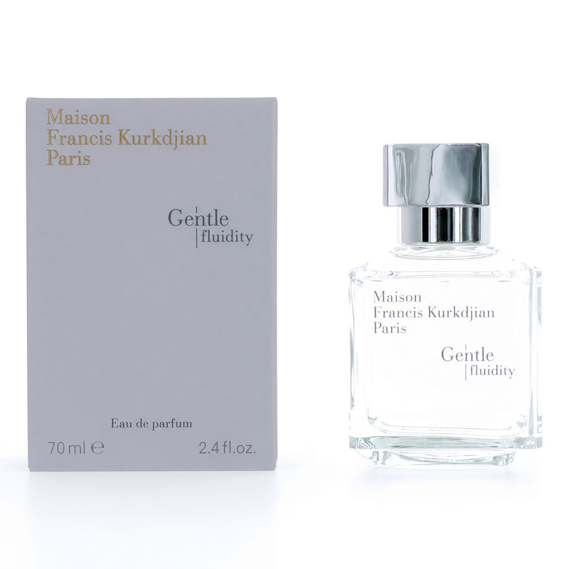 Maison Francis Kurkdjian Gentle Fluidity Silver 2.4oz unisex EDP spray bottle with sleek packaging and minimalist design.