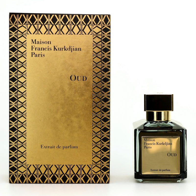 Maison Francis Kurkdjian Oud Extrait de Parfum spray for unisex, 2.4oz bottle with elegant packaging and dark amber fragrance liquid.