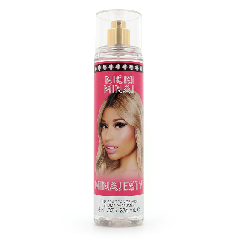 Nicki Minaj Minajesty 8 oz body mist for women, featuring elegant bottle design and floral fragrance.