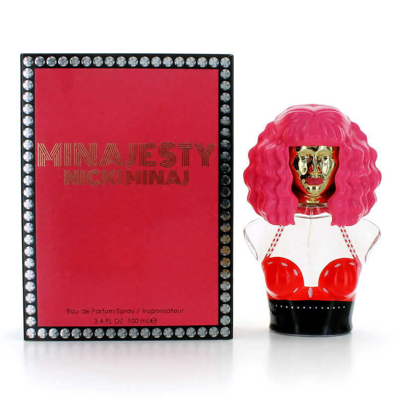 Nicki Minaj Minajesty 3.4 oz women's EDP spray bottle with sleek packaging and floral accents.