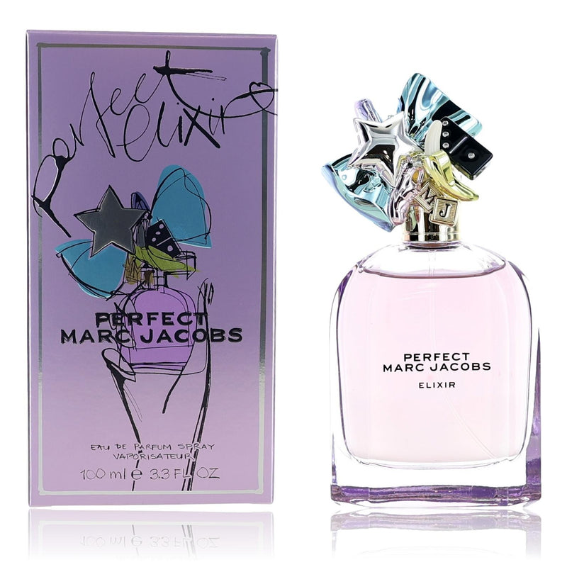 Marc Jacobs Perfect Elixir 3.3 oz women’s EDP spray bottle, elegant packaging with the fragrance visible in the image.