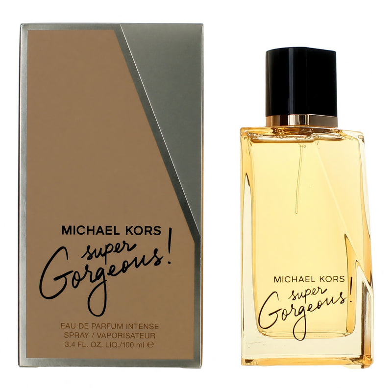 Michael Kors Super Gorgeous women’s 3.4oz EDP Intense Spray bottle, elegant packaging with floral and gold accents.