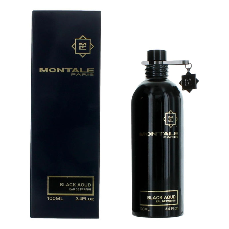 Montale Black Aoud 3.4 oz men's EDP spray bottle with black and gold packaging, showcasing the luxurious fragrance design.