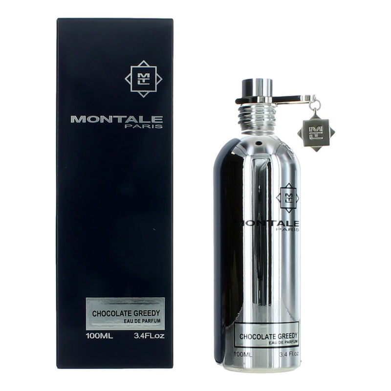 Montale Chocolate Greedy unisex 3.4 oz EDP spray bottle with sleek packaging and floral chocolate design.