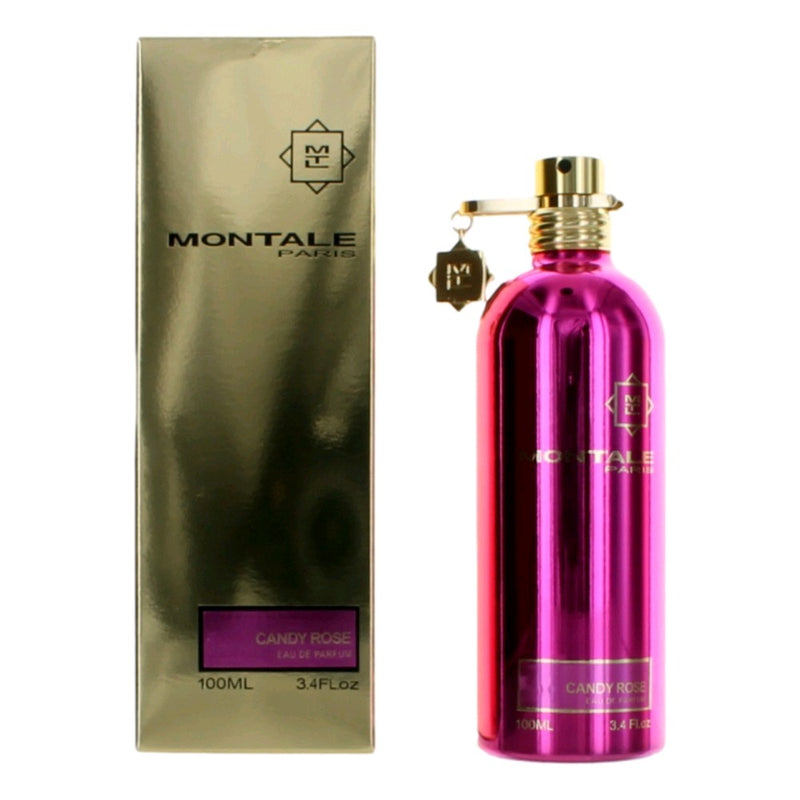 Montale Candy Rose 3.4 oz women’s EDP spray bottle with floral packaging and elegant design.