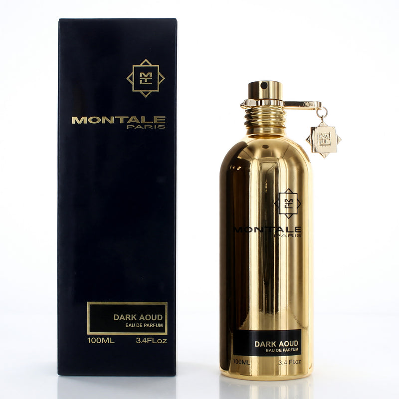 Montale Dark Aoud 3.4 oz women’s EDP spray bottle, sleek design, featuring dark and elegant packaging for luxurious fragrance.