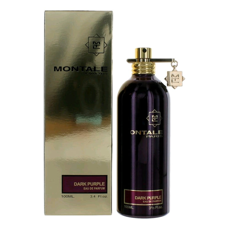 Montale Dark Purple 3.4 oz EDP spray for women, elegant glass bottle with purple accents on a white background