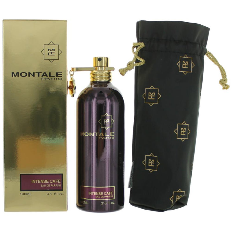 Montale Intense Cafe 3.4 oz unisex EDP spray bottle with a sleek black cap and minimalist design.