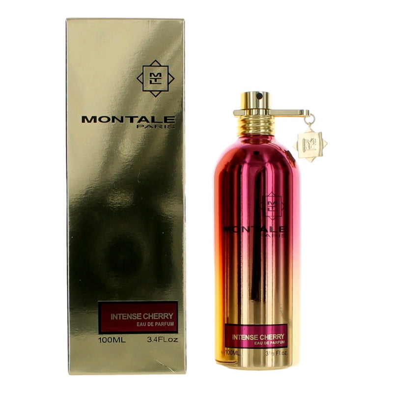 Montale Intense Cherry unisex 3.4 oz EDP spray bottle, featuring a sleek design and cherry scent in a physical product image.