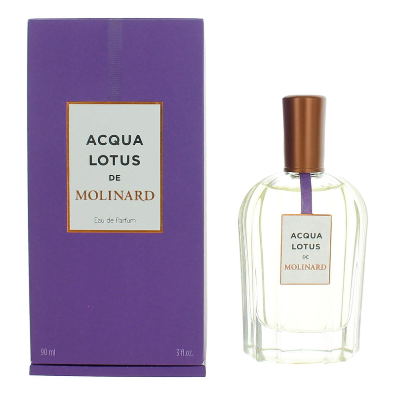 Molinard Acqua Lotus 3 oz women’s Eau de Parfum spray with floral and aquatic notes, elegant bottle display.