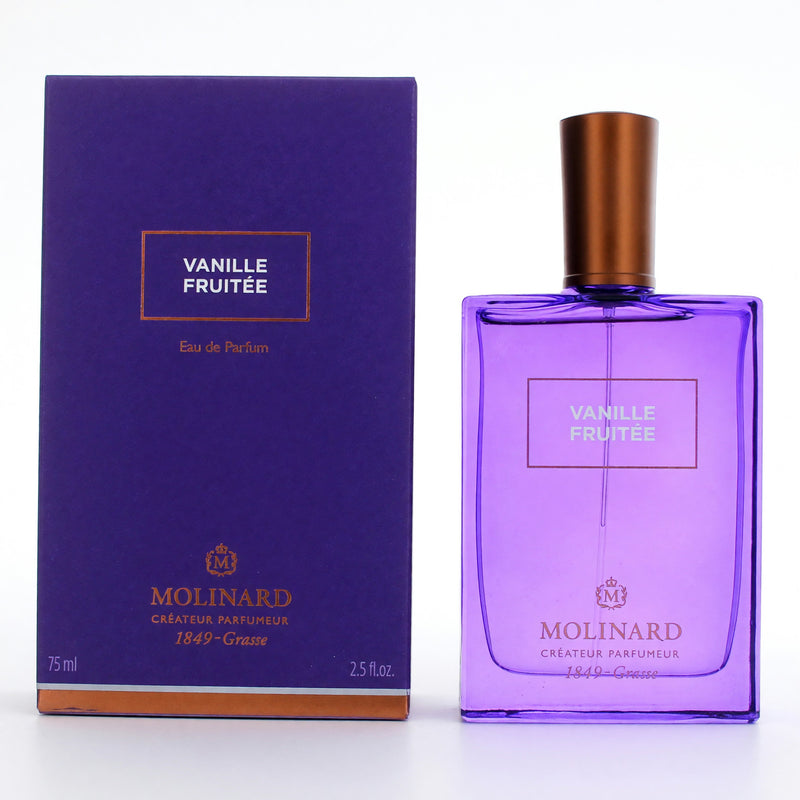 Molinard Vanille Fruitee 2.5 oz women’s EDP spray bottle with floral and vanilla scent design.