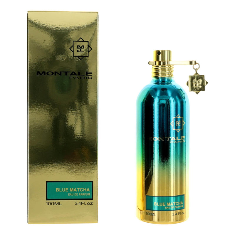 Montale Blue Matcha 3.4 oz unisex EDP spray bottle with a sleek design and blue accents.