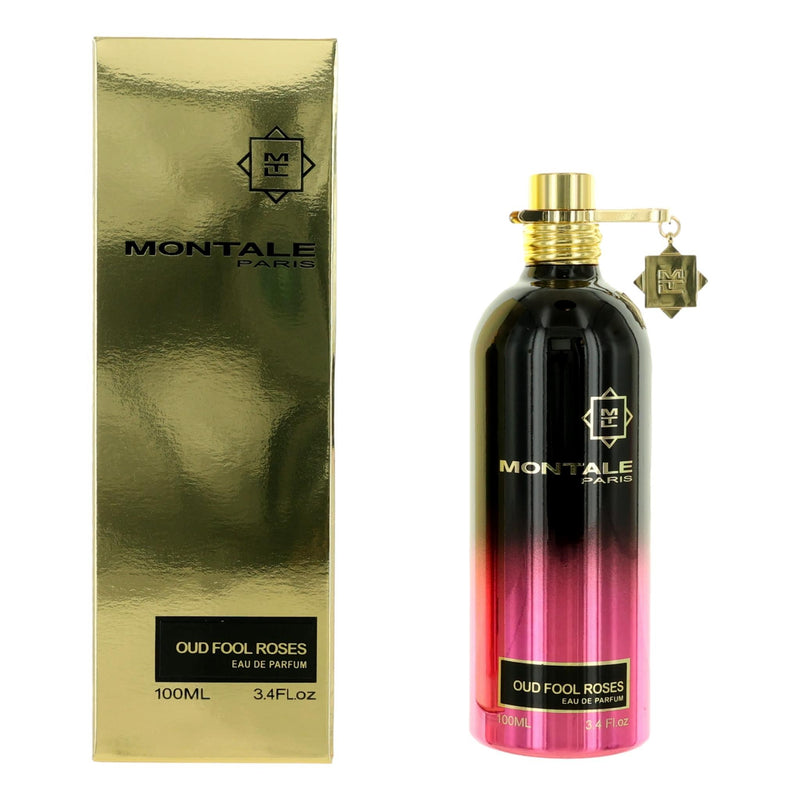 Montale Oud Fool Roses 3.4 oz unisex EDP spray bottle with elegant packaging and floral-woody fragrance design.