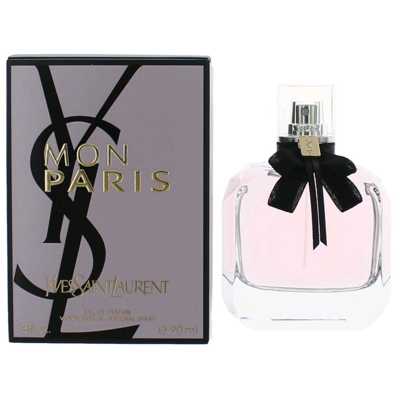 Yves Saint Laurent Mon Paris 3 oz women's EDP spray bottle with elegant floral design and cap.