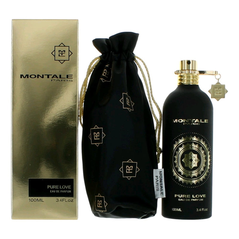Montale Pure Love unisex 3.4 oz EDP spray bottle with elegant packaging and floral design, showcasing the Montale perfume.